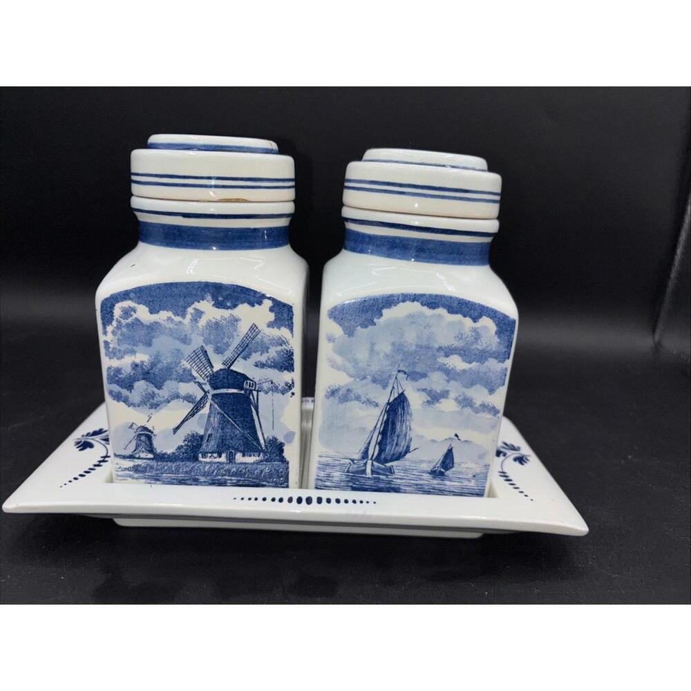 Vtg Delfts Blue Condiment Set 2 Jars w/ Lids & Tray Holland